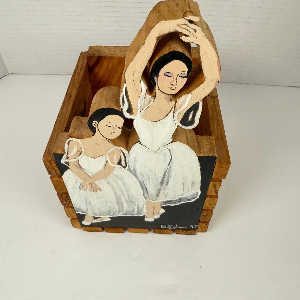 Vintage hand painted ballerinas B. Sylvia Wooden Crate caddy box Planter 1997